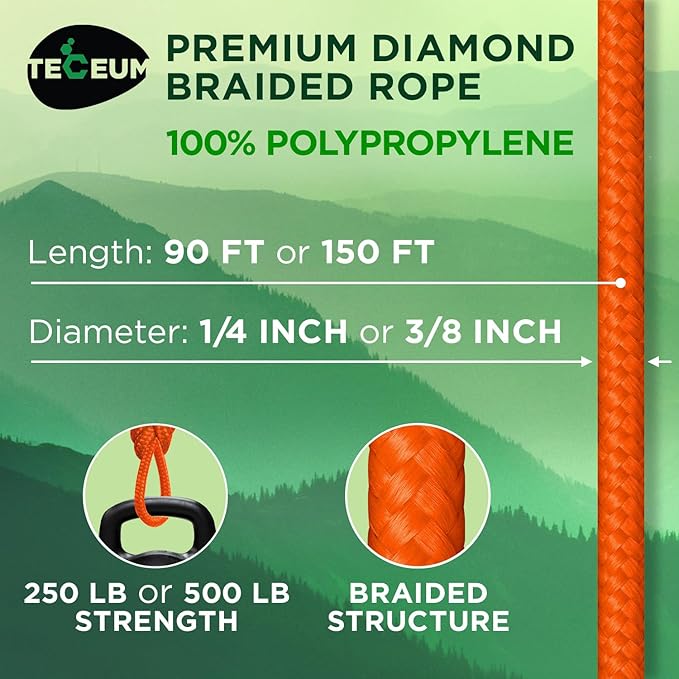 TECEUM Rope – 90 Feet x 3/8 Inch – Orange – Strong All-Purpose Utility Rope – - Image 2