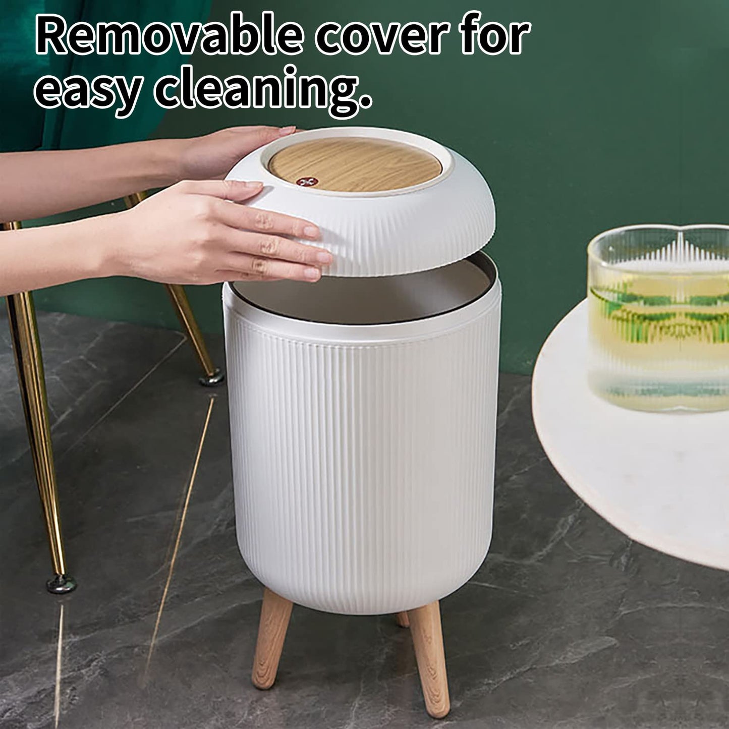 Trash Can With Lid for Bathroom, 2 Gallon/10 Liter Round Garbage Bin With Press Top, Plastic Modern Wastebasket With Soft Close, Container for Bedroom, Living Room, Office (White)
