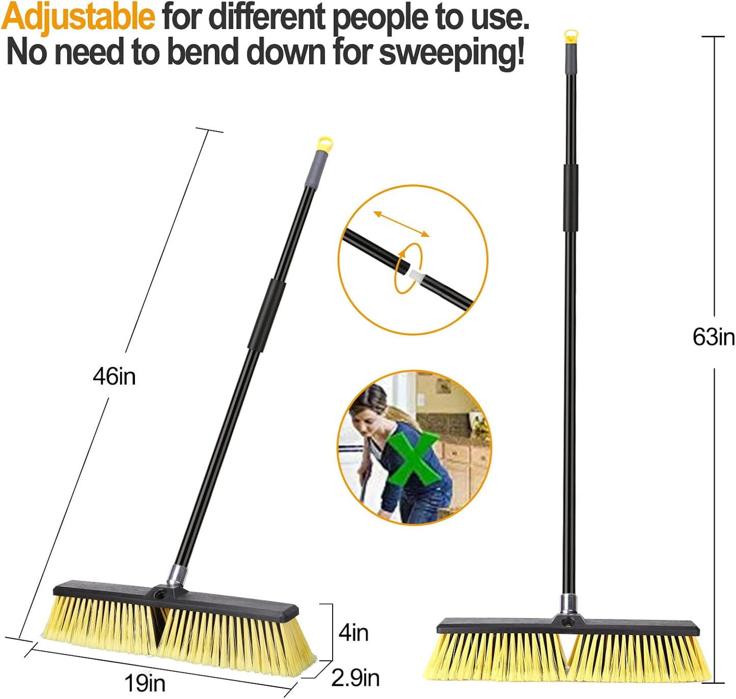18 Inches Push Broom Outdoor- Heavy Duty Broom with 63" Long Handle for Deck Driveway Garage Yard Patio Concrete Floor Cleaning