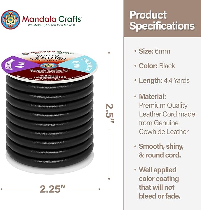 Mandala Crafts Round Genuine Black Leather Cord - Image 4