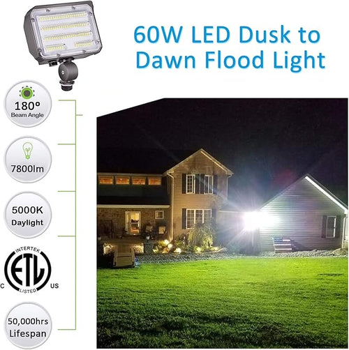 60W LED Flood Light with Knuckle, Outdoor Security Fixture Dusk-to-Dawn - Image 2