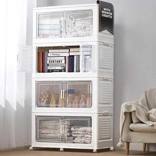 752QT/188Gal 4 Stackable Storage Bins with Lid and 8 doors, Motion Sensor Lights in Cabinets, Large Collapsible Container Box with 6 Wheels, Plastic Foldable Organizer for Home - Pure White