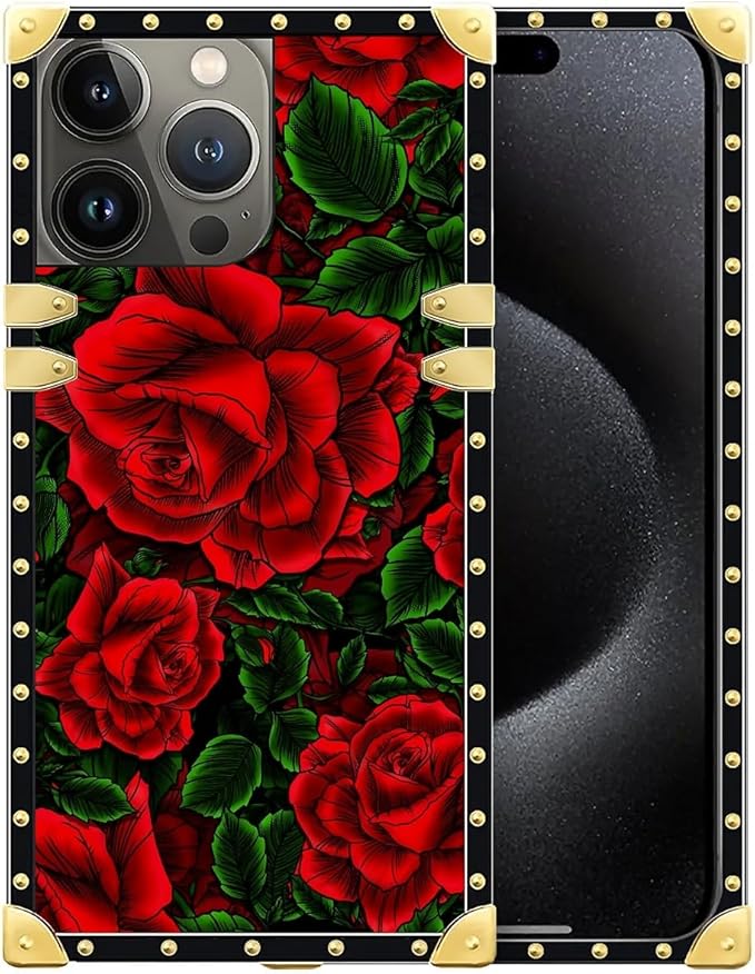Compatible with iPhone 16 Pro Case, Vector Red Rose Green Leaf Luxury Golden by Unknown