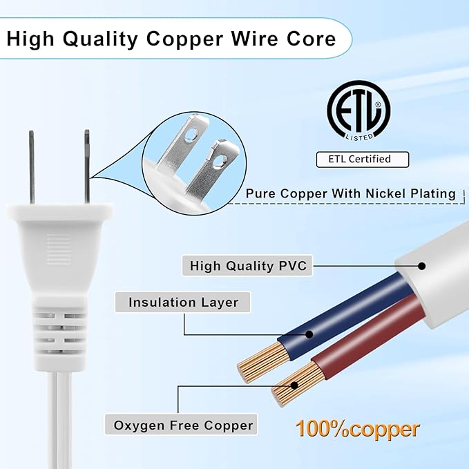 50FT White Extension Cord, 2 Prong Extension Cords Indoor, 16 Gauge SPT-2 Flat - Image 2