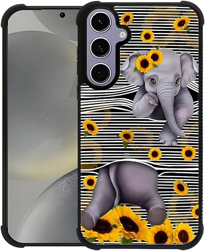 for Samsung Galaxy S24 S25 Case, Cute Little Elephant Sunflower White Line Art by FKBRCL4U