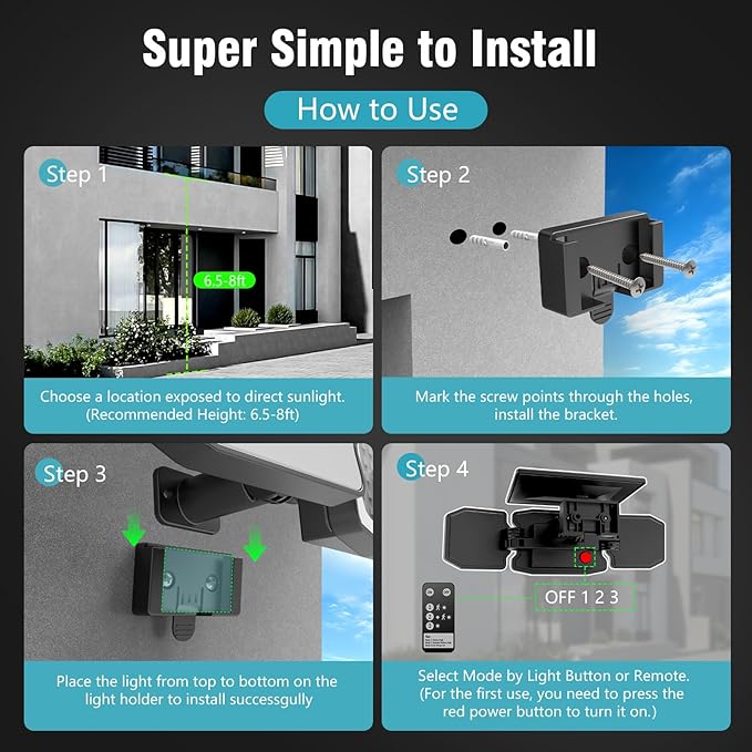 Solar Flood Lights Outdoor- 2800LM 200LED Solar Motion Sensor Lights, 3 Heads & - Image 6