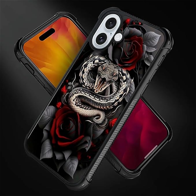 for iPhone 16 Plus Case, Entwined Rose Snake Pattern Graphic Design Girl Boy - Image 2