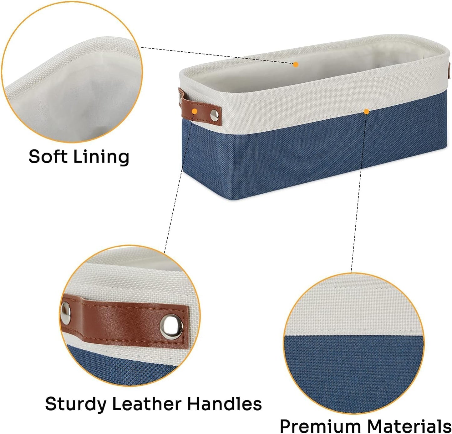 DULLEMELO Narrow Storage Basket,Toilet Paper Basket with Leather Handles for Back of Toilet, Vanities, Shelves & Cabinets (White&Blue-1 Pack)