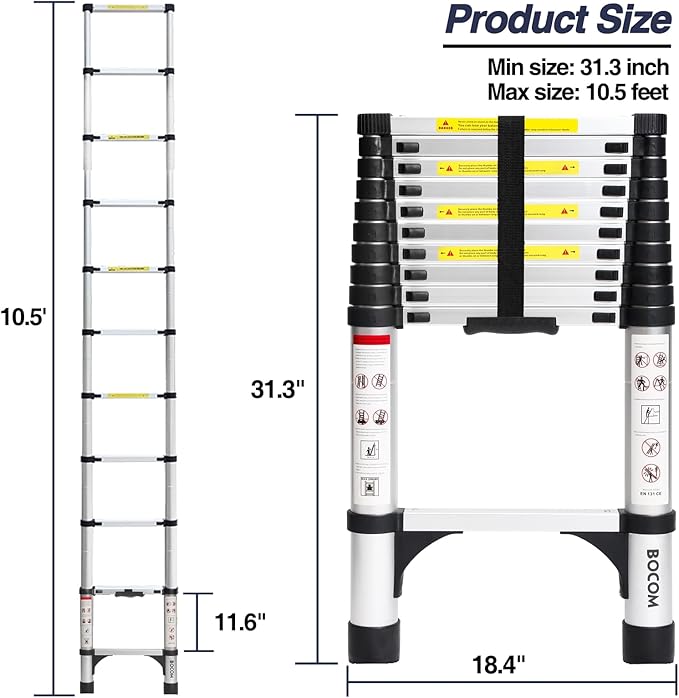 BOCOM 10.5 FT Aluminum Telescoping Ladder, Lightweight Multi-Purpose - Image 5