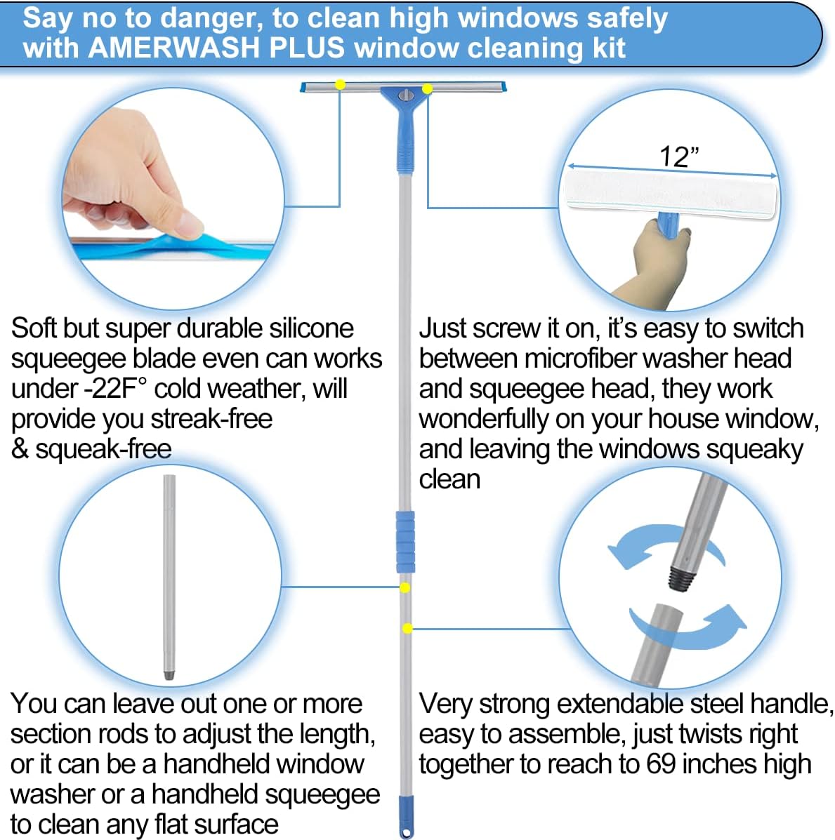 Window Squeegee Washing Kit for High Window, Shower Glass Door, Mirror Cleaning, with 69-inch Extension Pole, Extra 14'' Wide Squeegee and 2 Microfiber Scrubbers Included