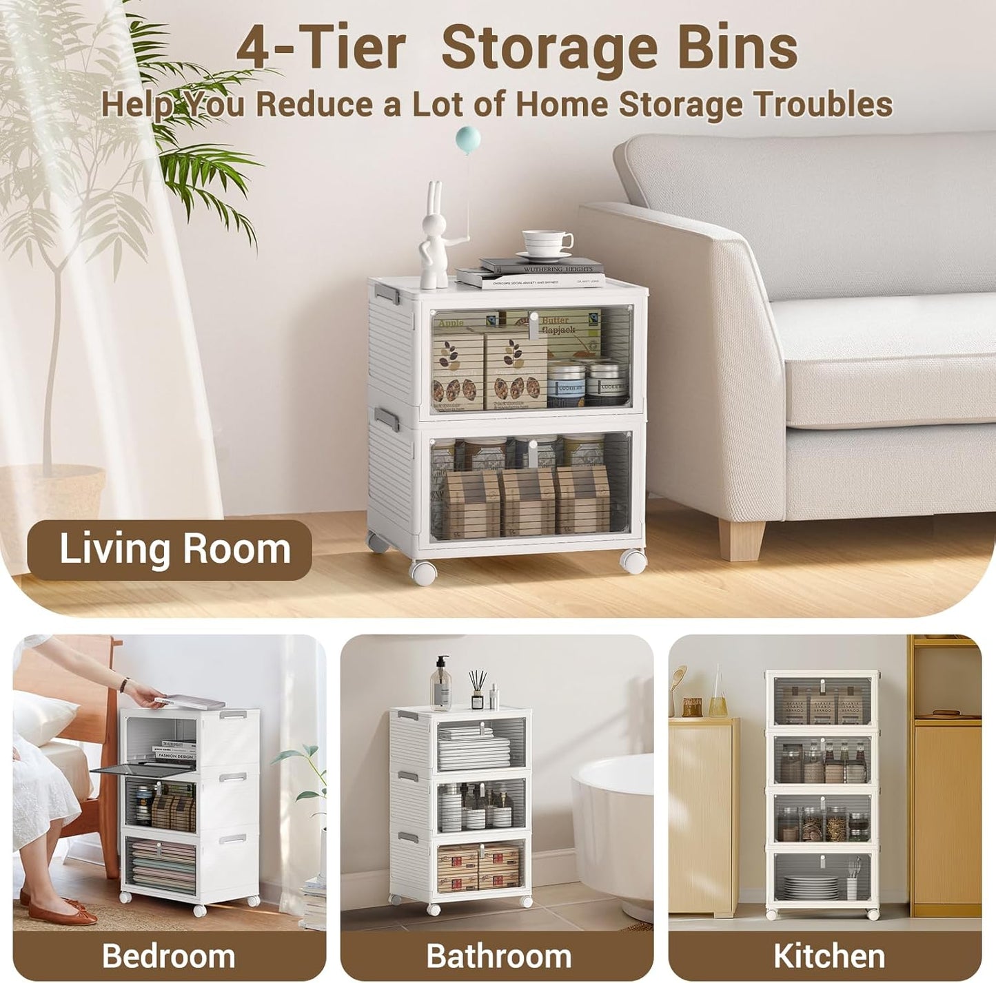 Storage Bins with Lids,4 Tier Stackable Storage Bins with Drawers,4 Pack Collapsible Plastic Storage Boxes with Wheel-1 Lid,23QT Foldable Containers for Closet Living Room Bedroom Office.
