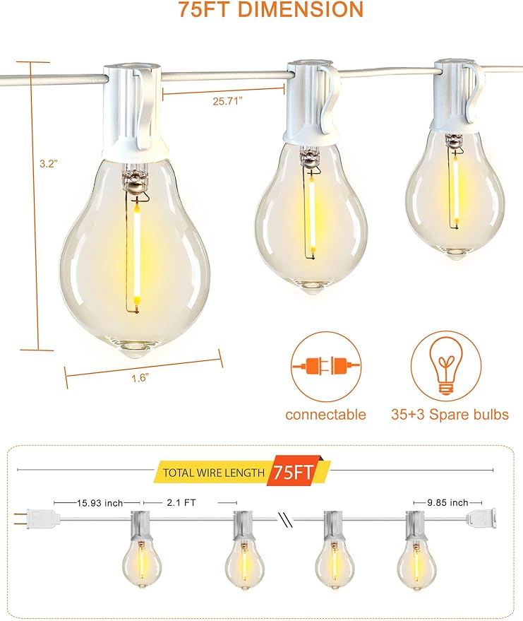 DAMAING Outdoor String Lights 75FT Waterproof Patio Lights - Image 7