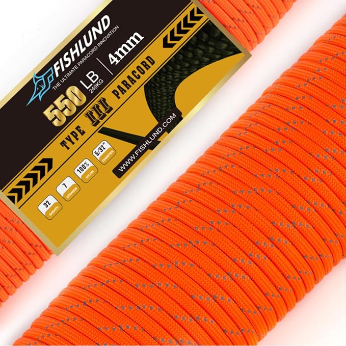Reflective Paracord 550 lb, 7 Strand Paracord Rope 100ft 4mm, Nylon Parachute by FISHLUND