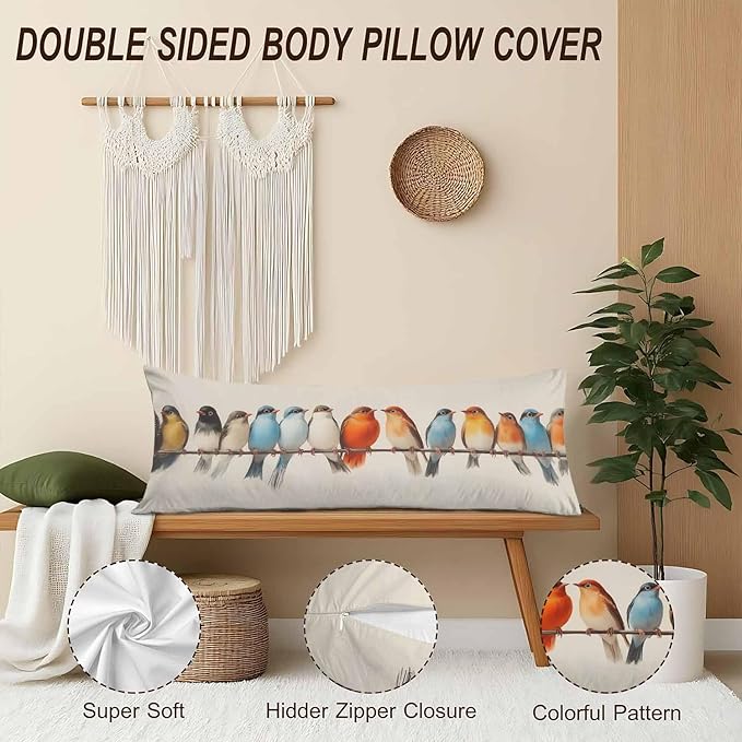 Body Pillow Covers Bird Body Pillowcase 20"X54", Vintage Birds Colorful Couch - Image 4