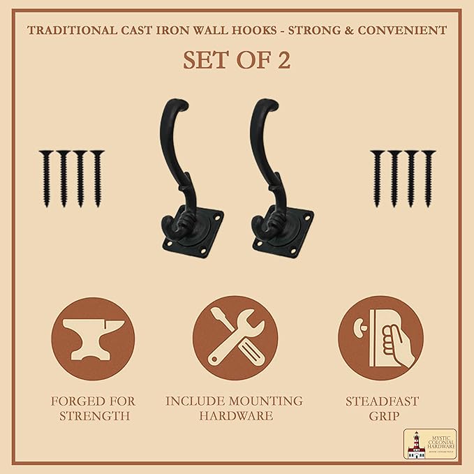 Mystic Colonial Medieval Wall Hooks Hand-Forged Black Coated | Rustic - Image 4