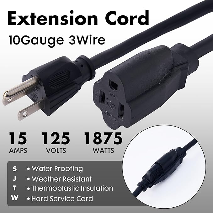 3ft Black Extension Cord Waterproof, UL Listed, 10/3 SJTW Heavy Duty 3 Prong - Image 2