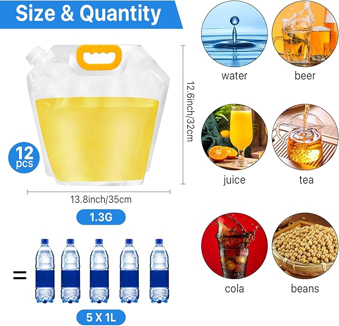 12 Pack Collapsible Water Container Bag 1.3 Gallon Emergency Foldable Water - Image 2