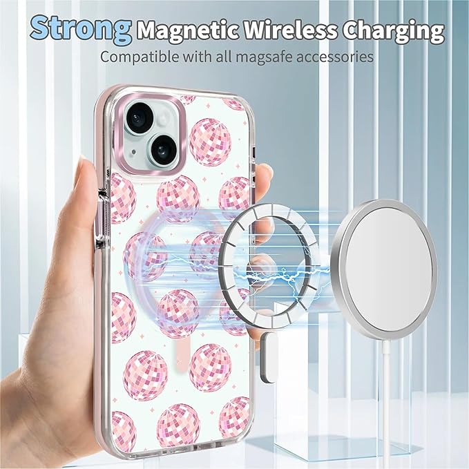 Case for iPhone 15, Disco Balls Pink Phone Case Design，for Women Girls Magnetic - Image 4