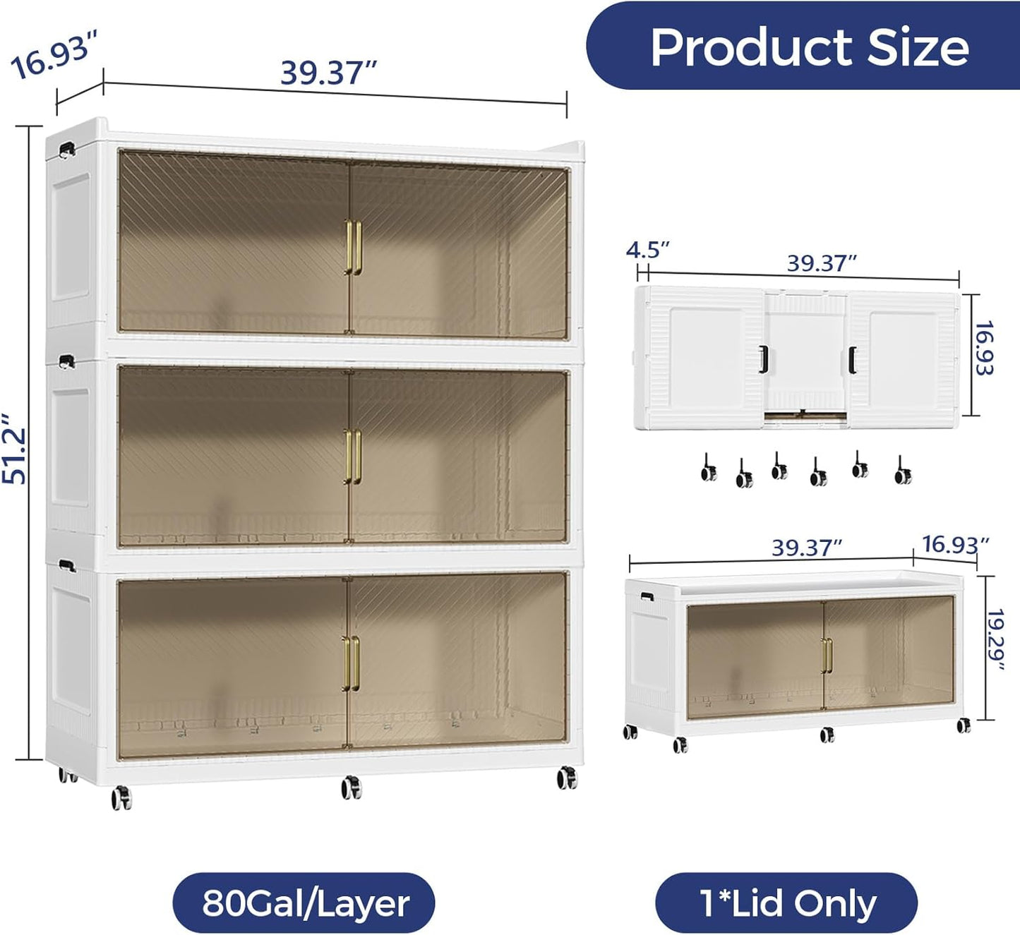 240GAL Extra Large Storage Bins with Lid, 960QT Collapsible Organizer with Wheels, Stackable Closet Cabinet with Doors, Folding Storage Containers for Home, Office, Dorm, 3Pack White