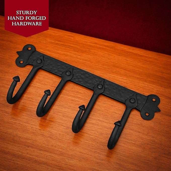 Mystic Colonial Medieval Rustic Hand-Forged Iron Wall Mounted Coat Rack | - Image 9