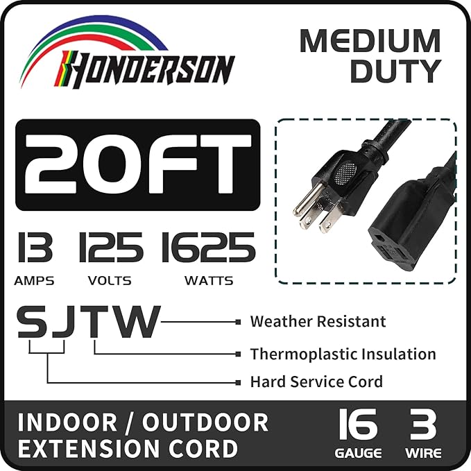 20FT Outdoor Extension Cord-16/3 SJTW Durable Black Extension Cord - Image 2