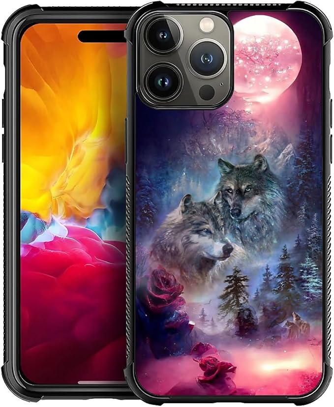 for iPhone 15 Pro Case, Star Two Wolfs Howling Pattern Graphic Design Girl Boy by FKBRCL4U