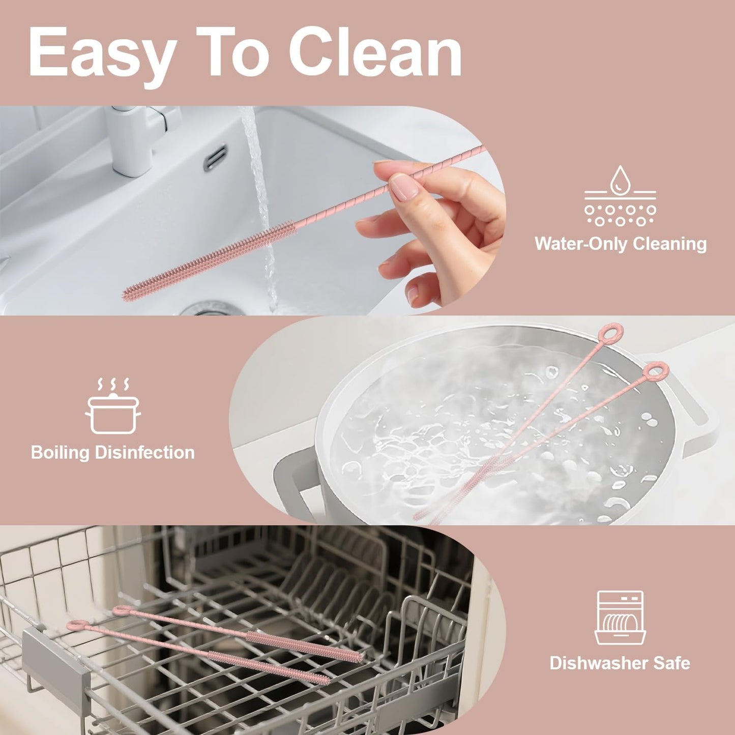 YOTIME Silicone Straw Cleaner Brush, 2 Pcs Reusable Straw Brush(6mm+9mm) for Cleaning Narrow & Wide Straws, Tumblers, Pink