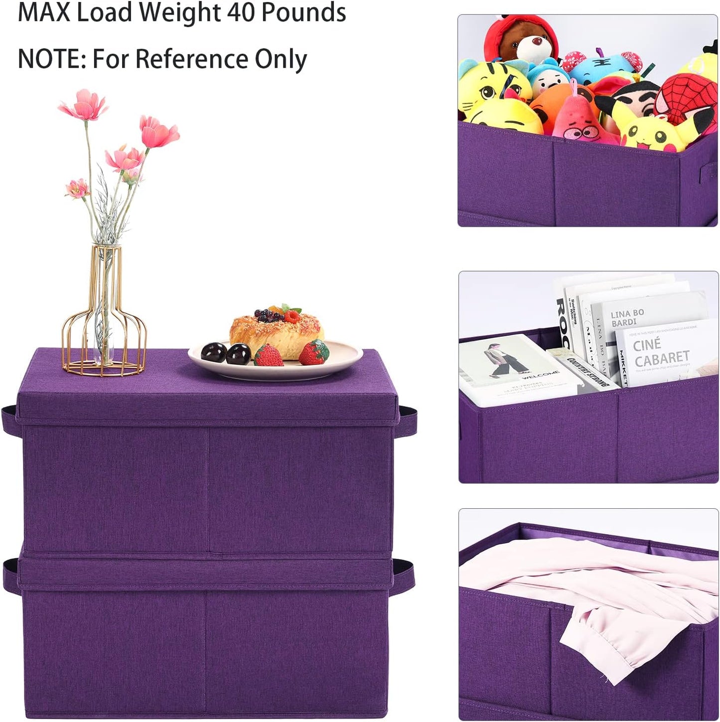 HOONEX Storage Bins with Lids for Organizing, Pack of 2, Storage Boxes with 2 Carry Handles and Sturdy Heavy Cardboard, 16.5" L x 11.8" W x 7.5" H for Shoes, Books, Clothes, Nursery, Dark Purple