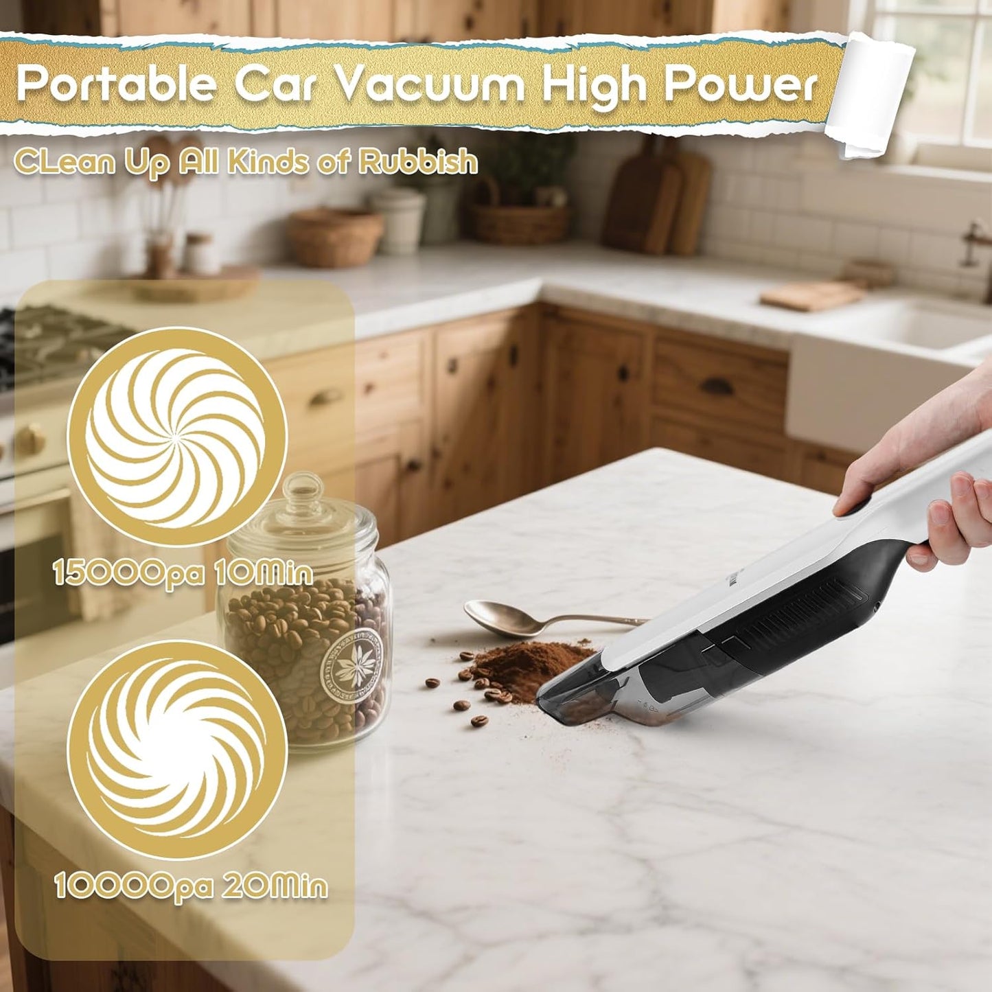 Handheld Vacuum Cordless,15KPA High Power Suction,USB Quick Charge,Car Vacuum Cleaner with Storage Dock,Lightweight Rechargeable Dust Buster with Crevice Tool Pet Brush Hand Vac for Home,White