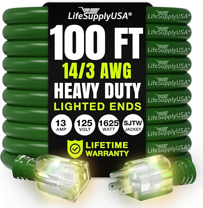 100ft Outdoor/Indoor Extension Cord 14/3 Gauge Heavy Duty 3 Prong SJTW by LifeSupplyUSA
