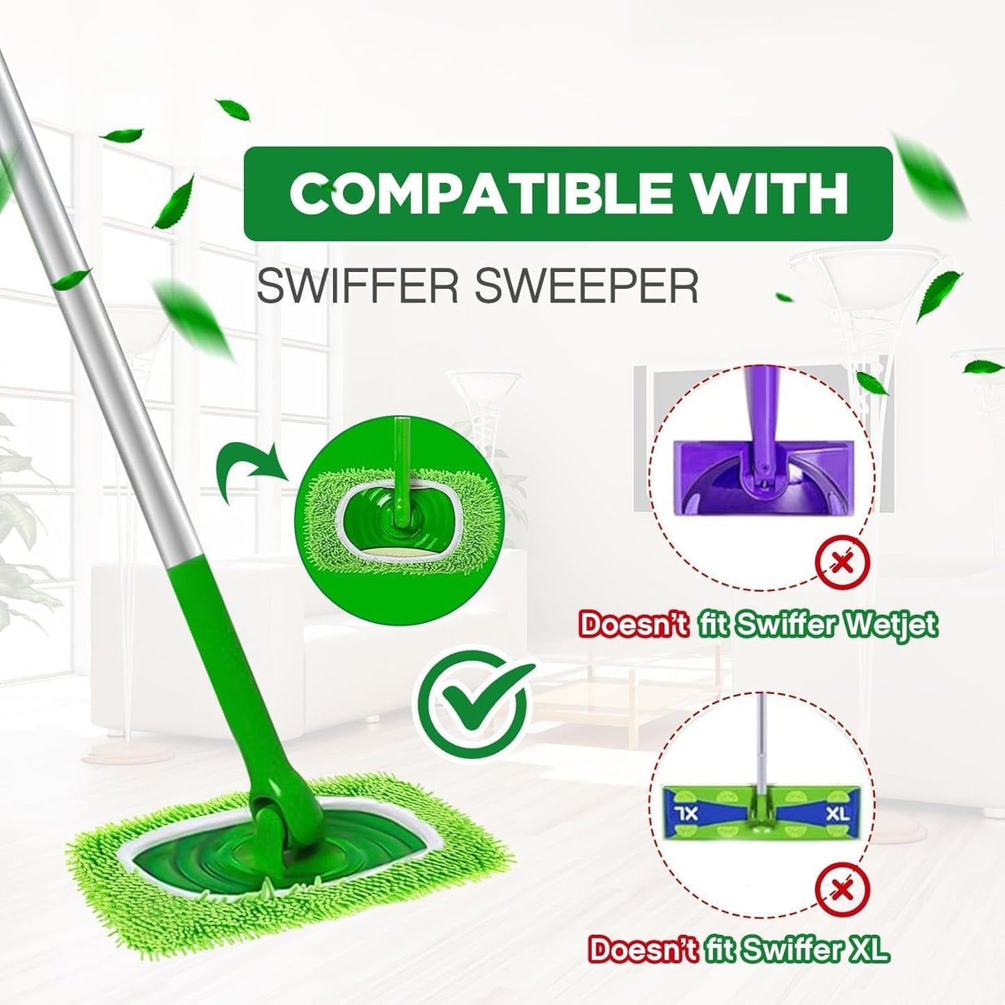 Reusable Microfiber Mop Pads Washable Wet Pads Compatible with Swiffer Sweeper Refills Pads for Wet & Dry Sweeping Cloths Mop Head Replacement for Household Cleaning (Green 6PCS)