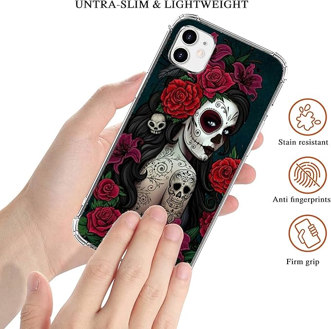 Sugar Skull Girl Case for iPhone 11, Skull and Flowers Pattern Unique Design - Image 2