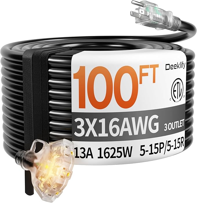 100 ft 16/3 awg 3 Outlet Extension Cord Splitter by Deeklify
