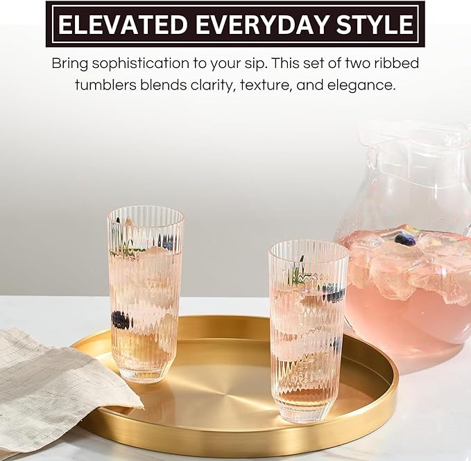 Khen Plastic Acrylic Ribbed Drinking Glasses – Set of 2 Clear 11.8oz Tritan - Image 4