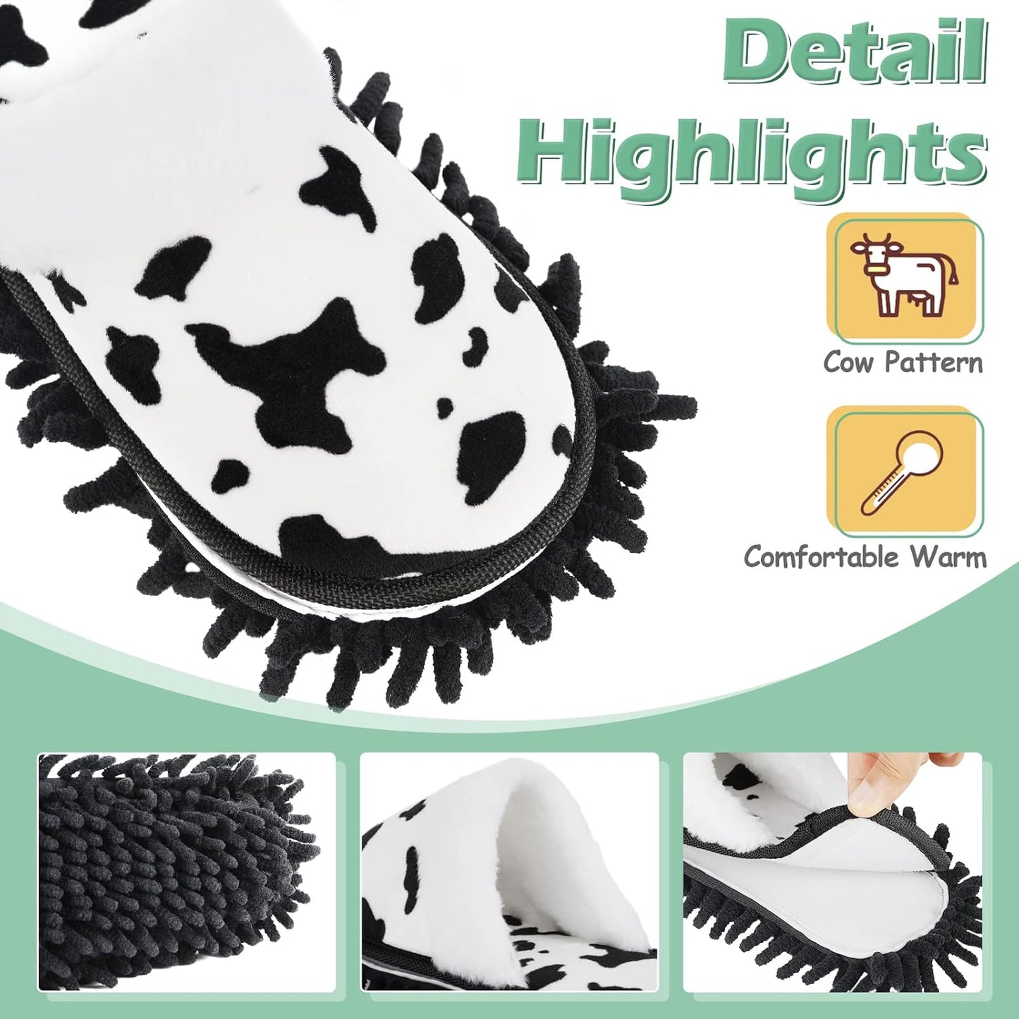 Microfiber Floor Mop Slippers House Dust Cleaning Tool Detachable Washable Shoes for Kitchen House Cleaning (Women 7-10/Men 5-8, Cow pattern)