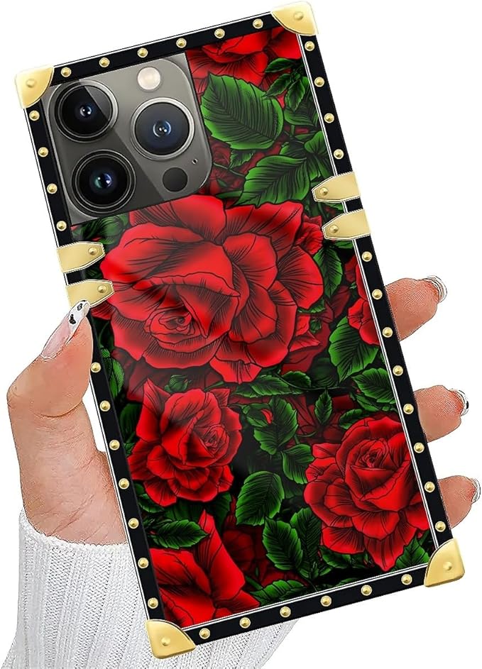 Compatible with iPhone 15 Pro Case, Vector Red Rose Green Leaf Luxury Golden - Image 2