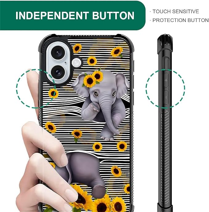 for iPhone 16 Case, Cute Little Elephant Sunflower White Line Art Pattern - Image 5