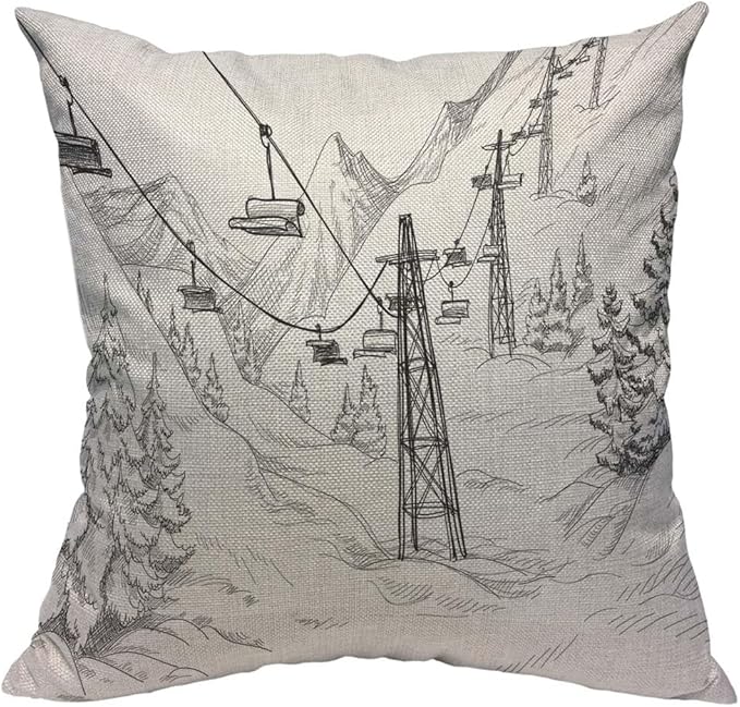 TKS MITLAN Mountain Ski Lift Pillow Cover 18x18 inch Sketch White Wintertime by TKS+MITLAN