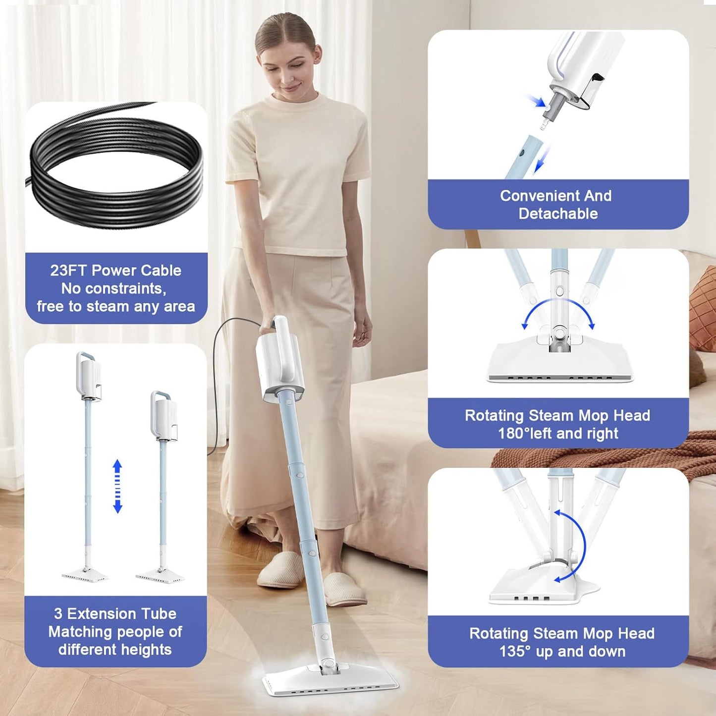 Steam Cleaner, 6 in1 Rotated Steam Mop Cleaner with 2 Modes, 2 Microfiber Pads, 400ML Removable Tank, 23FT Power Cable, Detachable Steam Mops for Floor, Laminate Floor, Tiles Cleaning (Light Blue)