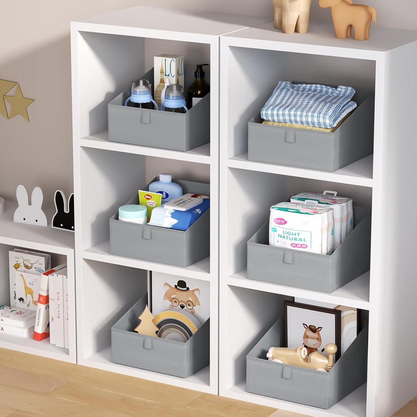 DIMJ Storage Bins for Closet, Trapezoid Storage Bins with Front Handle, Fabric Storage Baskets for Shelves, Line Closet Organizers for Toys, Boooks, Clothes, 6 Packs (Grey)