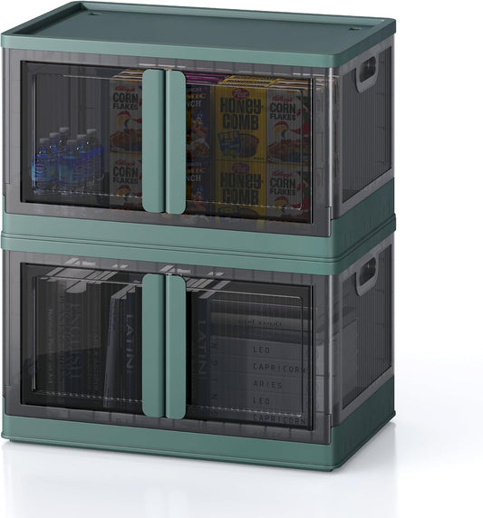 19Gal Collapsible Storage Bins with Lids & Wheels - 2 Pack Stackable with Doors, Heavy-Duty Plastic Containers for Home/Office, Green