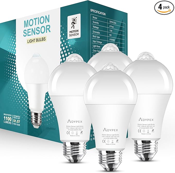 Motion Sensor Light Bulbs, 13W Movement Activated Dusk to Dawn Sensor LED Bulb by Aovpex