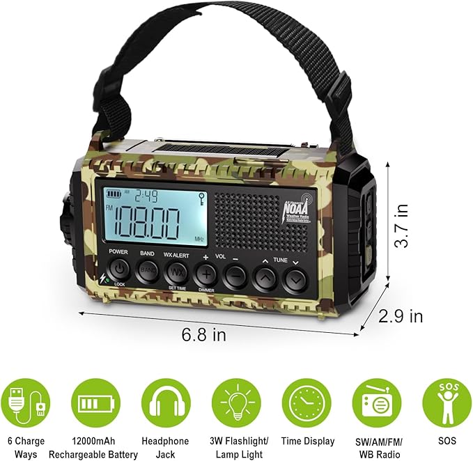 Raynic Weather Radio, 12000mAh Hand Crank Emergency Radio, 6 Ways Powered - Image 6