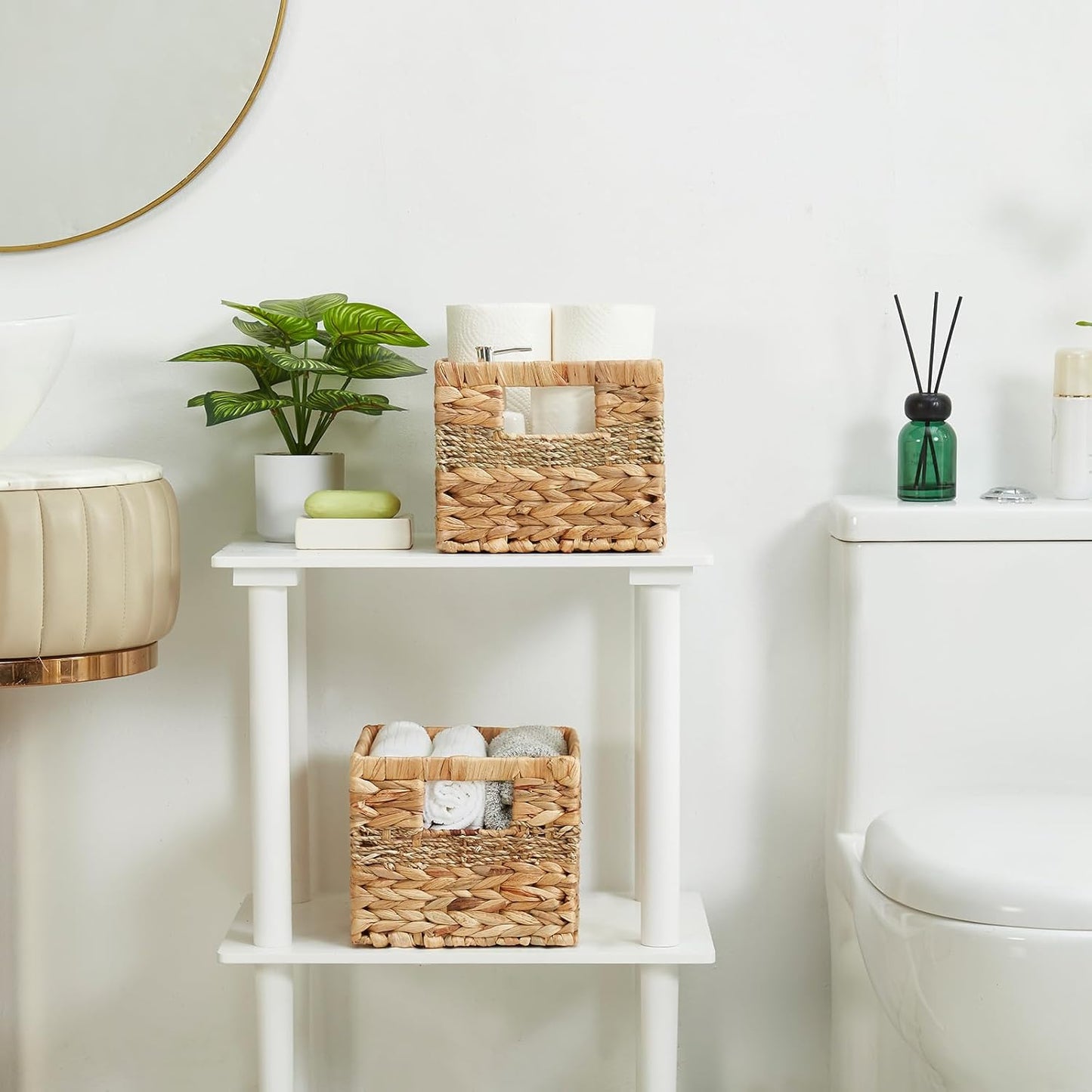 Water Hyacinth Wicker Basket, Decorative Woven Baskets with Built-in Handles, Hand-woven Storage Organizer for Organizing Pantry, Livingroom, Bedroom, Shelves, Toilet(2-PACK, Blended)