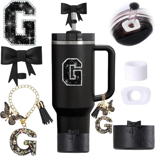 6pcs Black Stanley Cup Accessories Set, Bow Straw Topper by MOTEERLLU