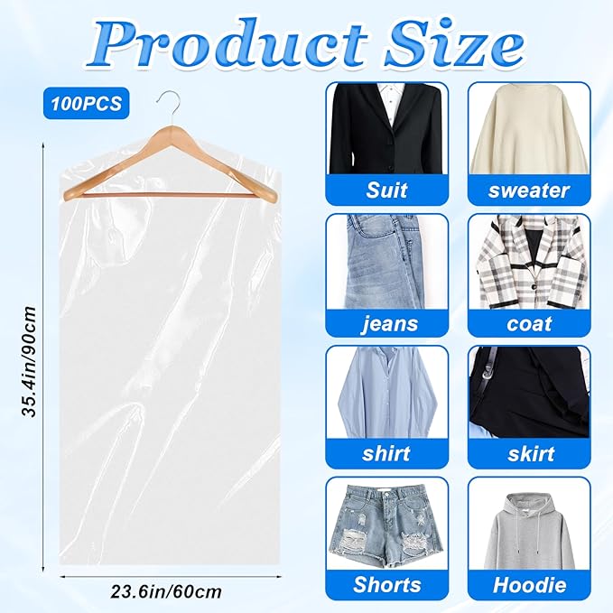 100 Pack Plastic Dry Cleaning Bags 23.6x35.4 Inch Garment Bags - Image 2