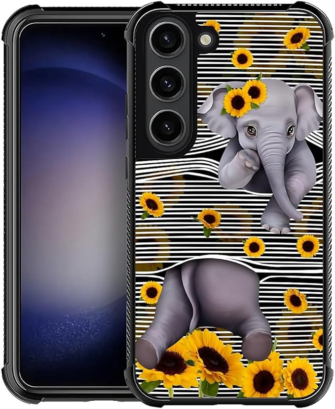 for Samsung Galaxy S23 Plus Case, Cute Little Elephant Sunflower White Line Art by FKBRCL4U