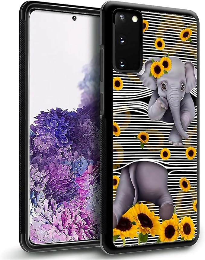 for Samsung Galaxy S20 Case, Cute Little Elephant Sunflower White Line Art - Image 4
