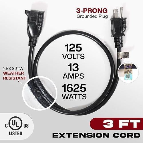 2-Pack 3ft Black Extension Cord, 16/3 SJTW Heavy-Duty Power Cable, UL Listed - Image 2