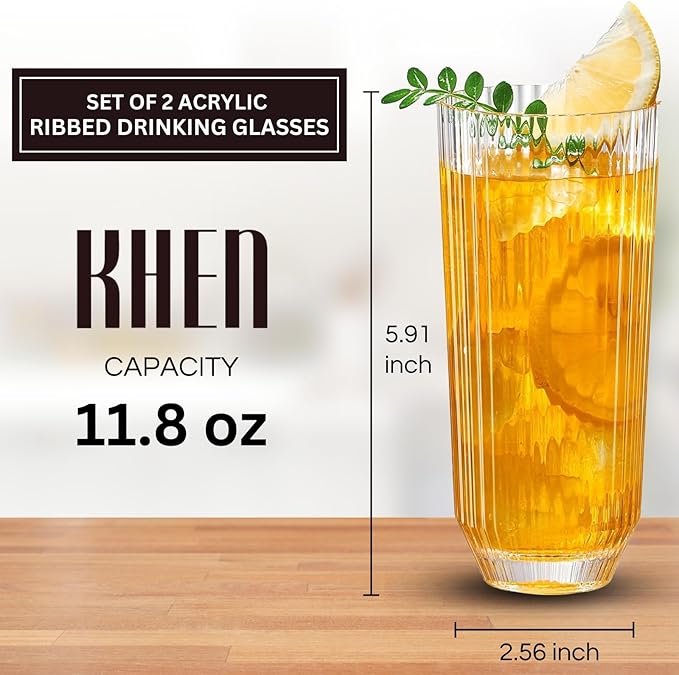 Khen Plastic Acrylic Ribbed Drinking Glasses – Set of 2 Clear 11.8oz Tritan - Image 2